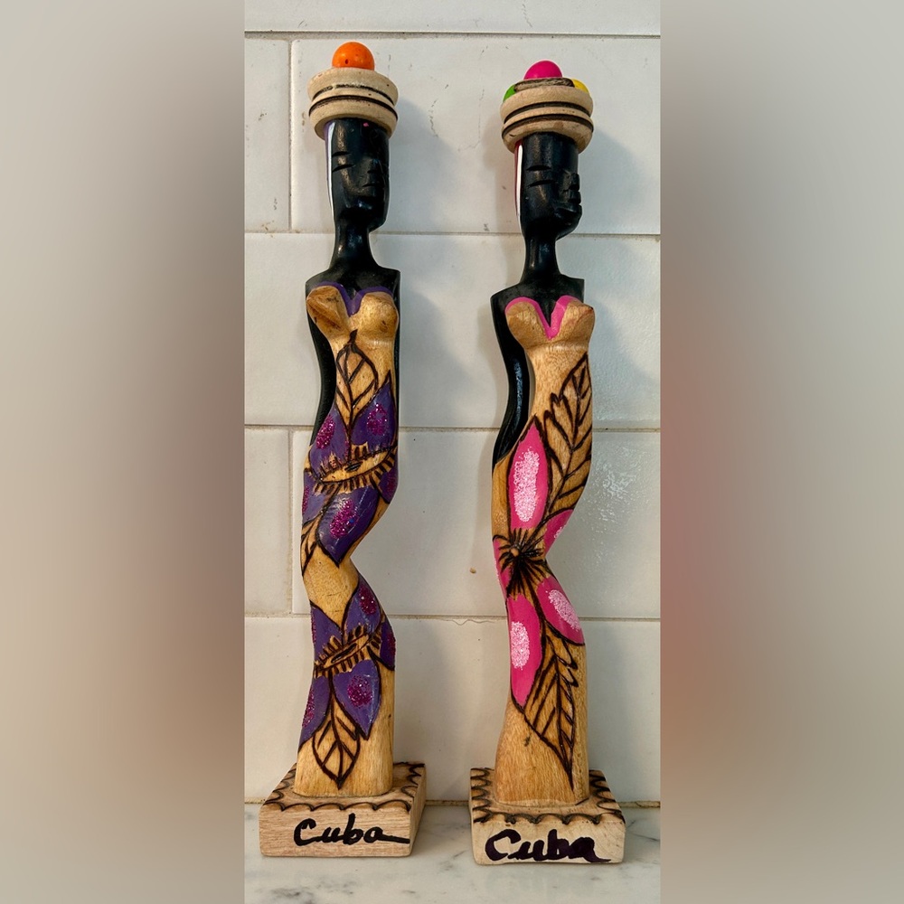 2 Hand Carved Wooden Statues sculptures Women In Glitter Dresses